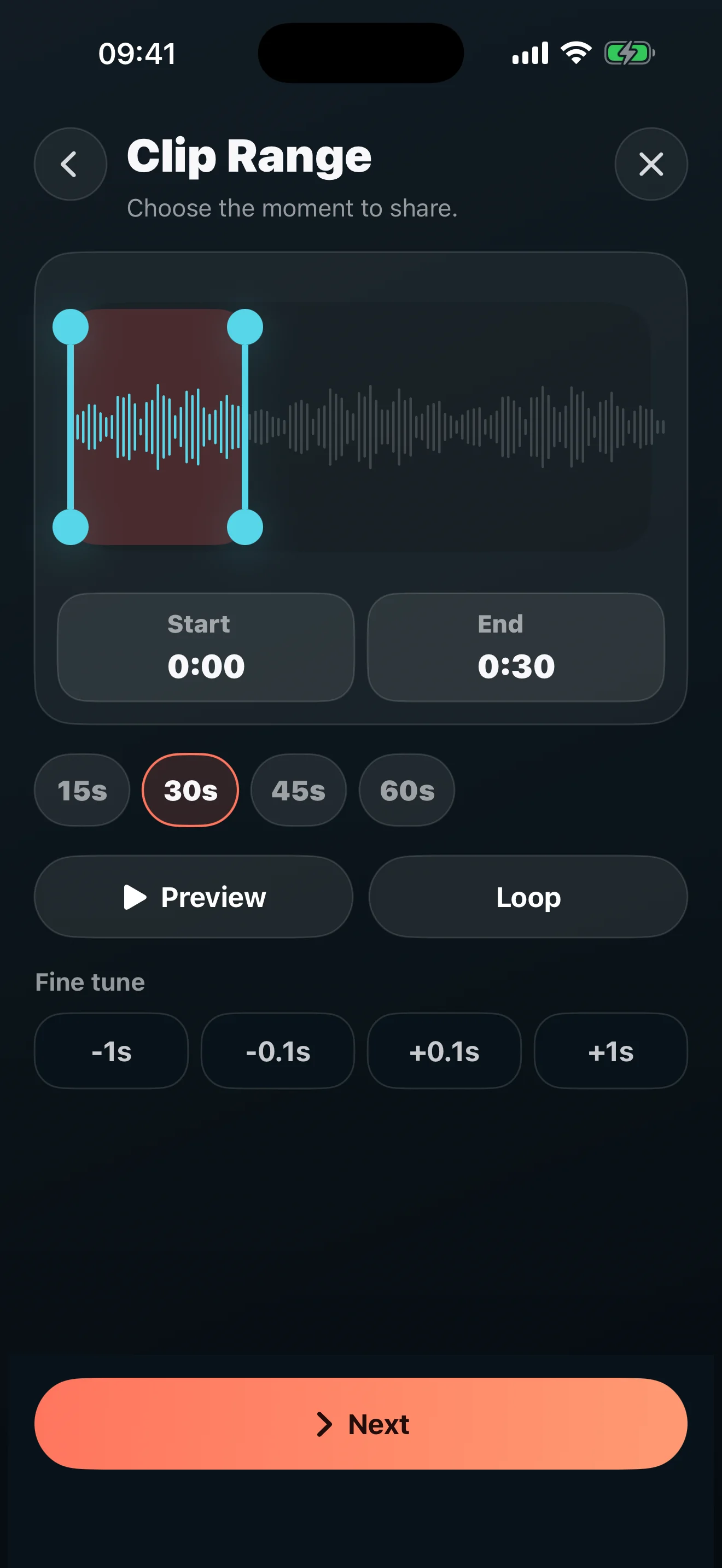 PodPosting audiogram clip selector on iPhone