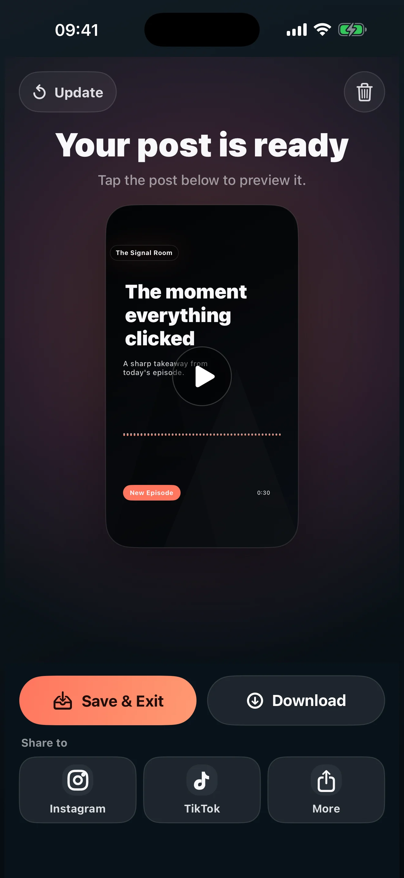 PodPosting on iPhone: a finished video post ready to save and share