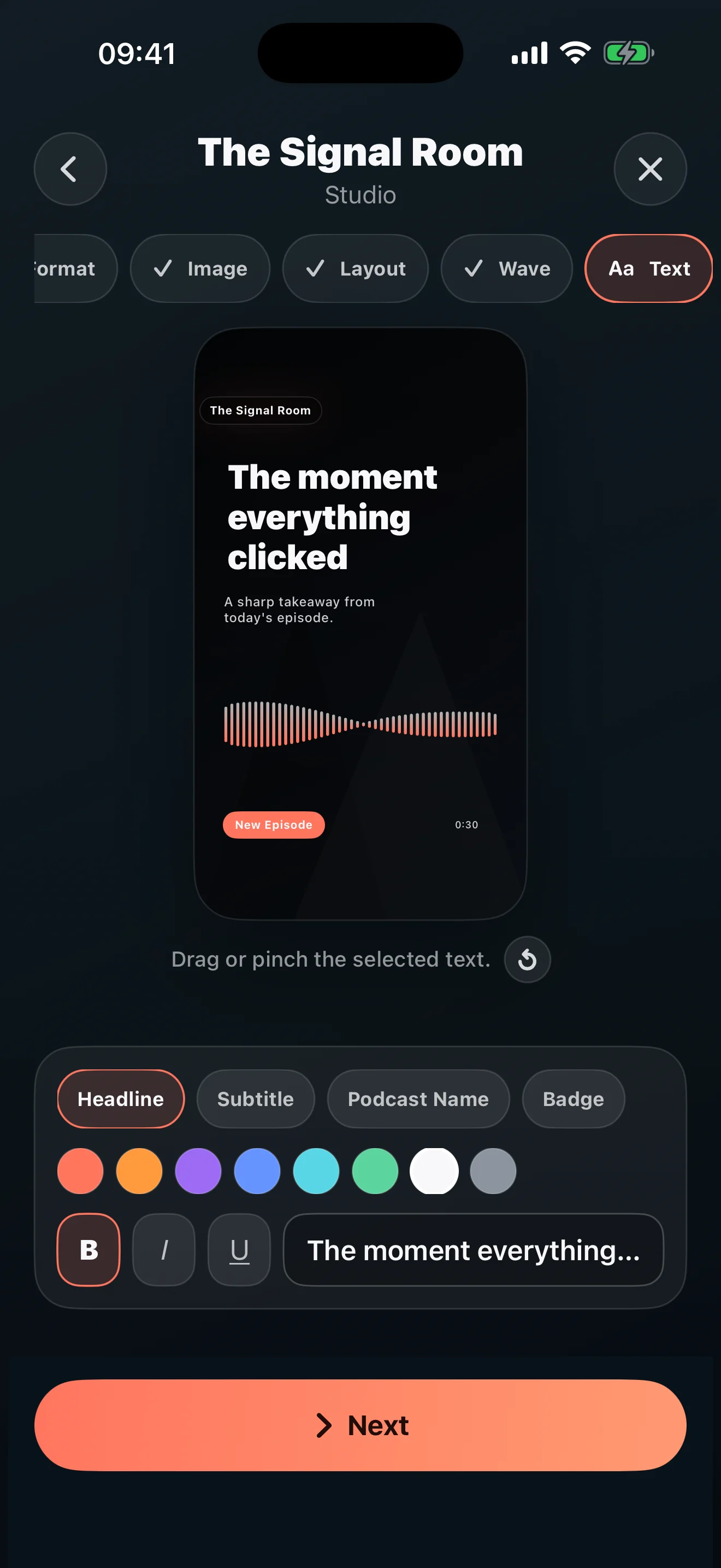 PodPosting text and waveform design controls on iPhone