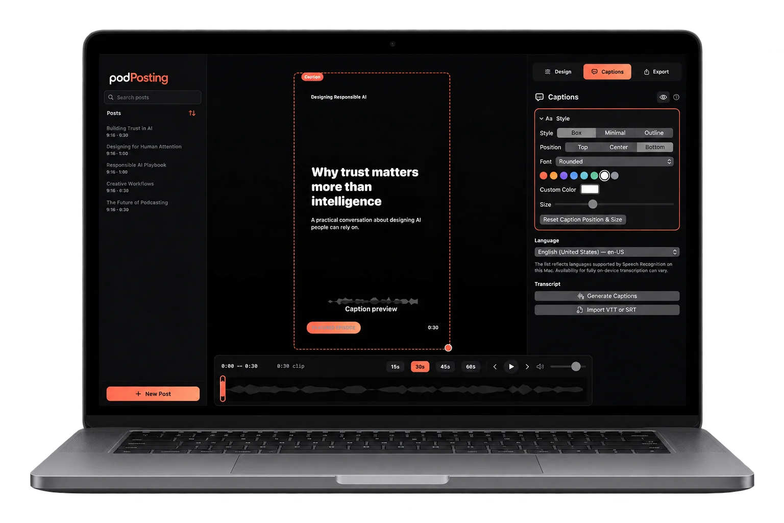PodPosting Studio running on a MacBook, with caption and design controls