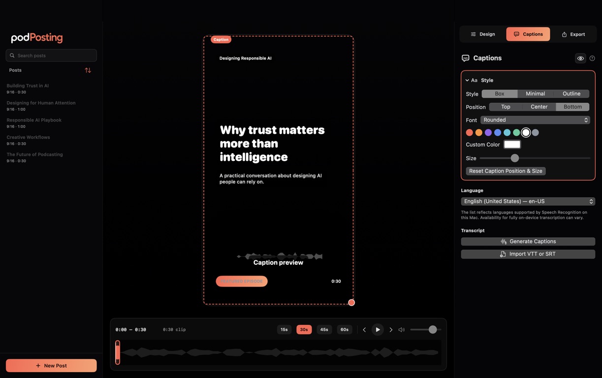 Editable podcast video captions in PodPosting Studio for Mac