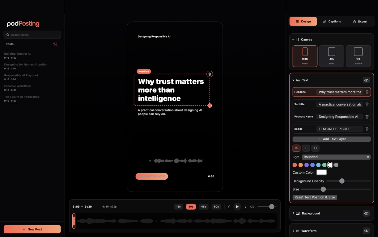 PodPosting Studio on Mac: a video post preview with text, format, and waveform controls