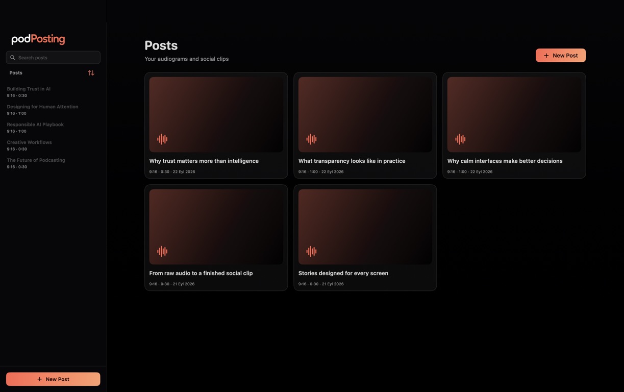 PodPosting Studio searchable podcast project library on Mac